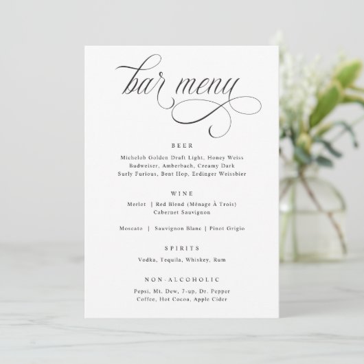 Elegant Calligraphy Luxury Wedding Bar Menu (Staand voorkant)