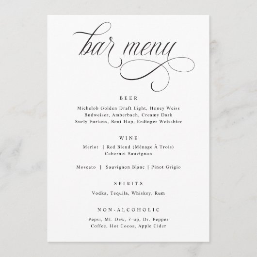 Elegant Calligraphy Luxury Wedding Bar Menu (Voorkant)