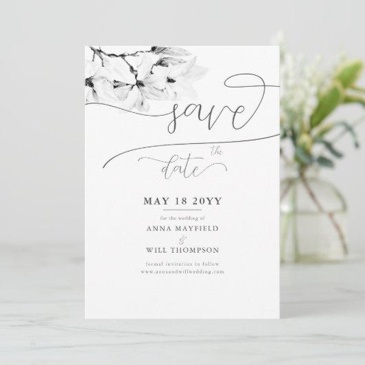Elegant Calligraphy Magnolia Wedding Save the Date Kaart (Staand voorkant)