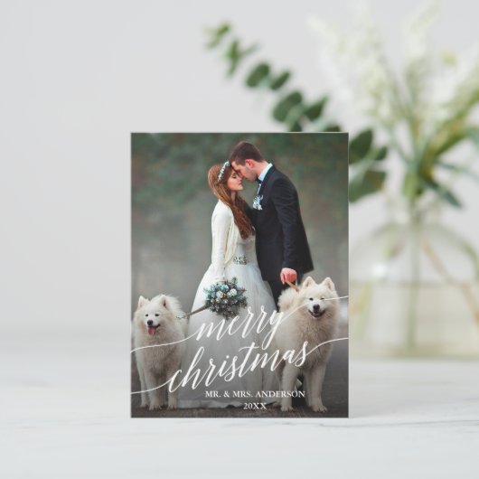 Elegant Calligraphy Merry kerstbruiloft Foto Briefkaart (Staand voorkant)