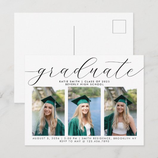 Elegant Calligraphy Minimalist Afstuderen 3 Foto Uitnodiging Briefkaart (Voorkant / Achterkant)