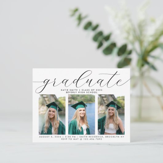 Elegant Calligraphy Minimalist Afstuderen 3 Foto Uitnodiging Briefkaart (Staand voorkant)