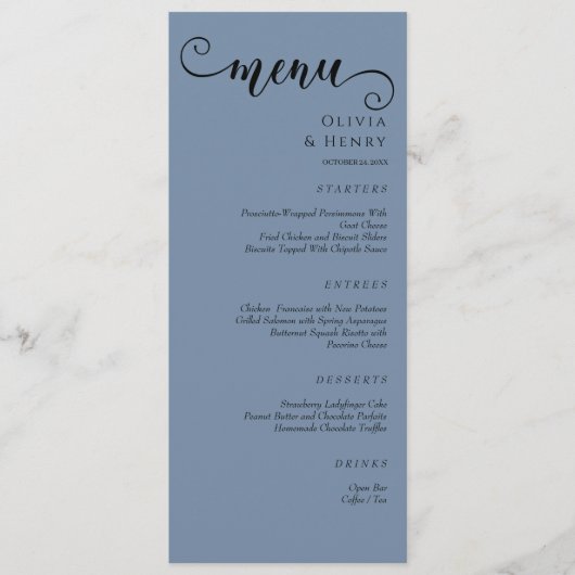 Elegant Calligraphy Minimalist Blue Wedding Menu (Voorkant)