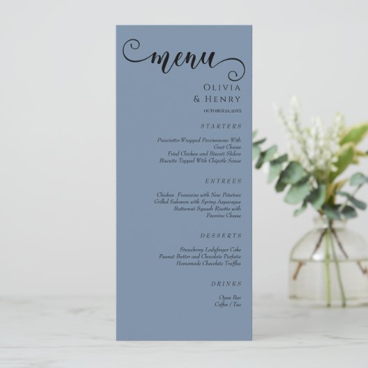 Elegant Calligraphy Minimalist Blue Wedding Menu (Staand voorkant)