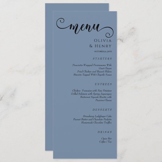 Elegant Calligraphy Minimalist Blue Wedding  Menu (Voorkant / Achterkant)