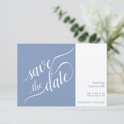 Elegant Calligraphy Minimalist Dusty Blue Wedding Save The Date (Staand voorkant)
