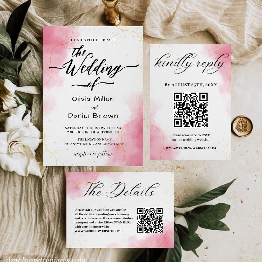 Elegant Calligraphy Modern pink Watercolor Wedding Kaart