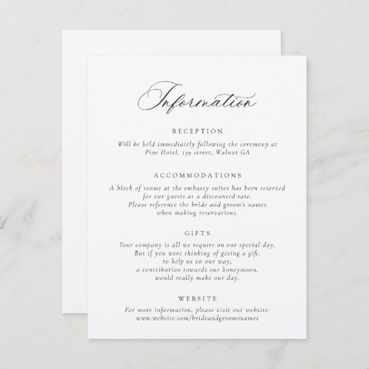 Elegant Calligraphy Modern Script Wedding Info Kaart (Voorkant / Achterkant)