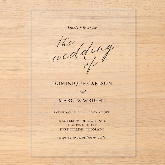 Elegant Calligraphy Modern Wedding Acryl Uitnodigingen (Voorkant)