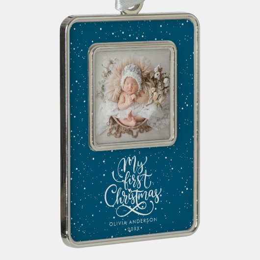 Elegant Calligraphy My First Christmas Photo Verzilverd Omlijst Ornament (Rechts)