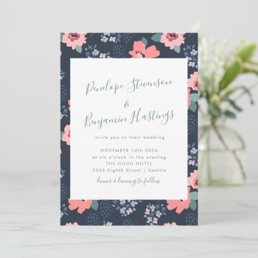 Elegant Calligraphy Navy Blue Floral Wedding Kaart (Staand voorkant)