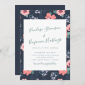 Elegant Calligraphy Navy Blue Floral Wedding Kaart (Voorkant / Achterkant)