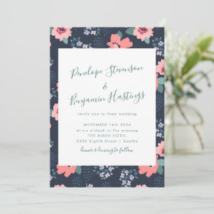 Elegant Calligraphy Navy Blue Floral Wedding Kaart