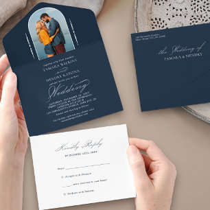 Elegant Calligraphy Navy Blue Photo RSVP Wedding All In One Uitnodiging