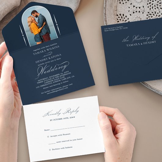Elegant Calligraphy Navy Blue Photo RSVP Wedding All In One Uitnodiging