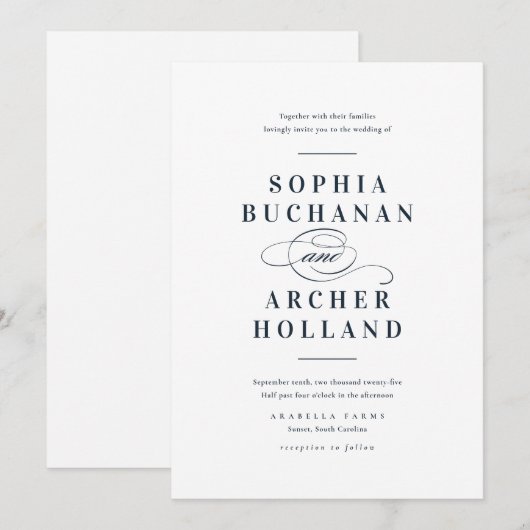 Elegant Calligraphy Navy Blue Wedding Kaart (Voorkant / Achterkant)