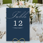 Elegant Calligraphy Navy Blue Wedding Kaart<br><div class="desc">Marineblauwe trouwtafel nummerkaart met elegante kalligrafie en bewerkbaar tafelnummer. Eenvoudig, modern minimalistisch ontwerp dat bij uw trouwkleuren past. De tabel is geschreven in een handgeschreven script en de sjabloon is klaar om het tabelnummer te bewerken. Coördinerende uitnodigingen, briefpapier en de inrichting van de dag van het evenement zijn te vinden...</div>