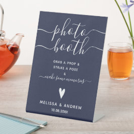 Elegant Calligraphy Navy Blue Wedding Photobooth Reclamebord Met Voetstuk