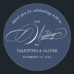 Elegant Calligraphy Navy Blue Wedding Ronde Sticker<br><div class="desc">Deze kalligrafie marineblauwe bruiloft sticker is de perfecte aanvulling op uw gunsten of enveloppen om een over-the-top elegante bruiloft te vieren. Het script lettertype voegt een vleugje verfijning toe terwijl de moderne lay-out het fris en stijlvol houdt. Het is de perfecte manier om te vieren met je geliefden en je...</div>