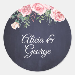 Elegant calligraphy navy blush floral bruiloft ronde sticker