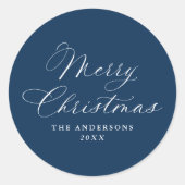 Elegant Calligraphy Navy Merry Christmas Ronde Sticker (Voorkant)
