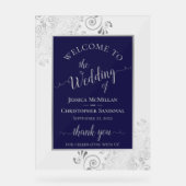 Elegant Calligraphy Navy & Silver Wedding Welcome Acryl Bord (Voorkant)