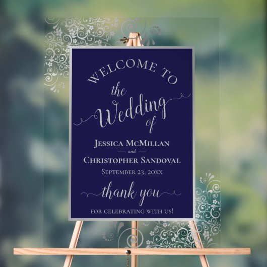 Elegant Calligraphy Navy & Silver Wedding Welcome Acryl Bord (Neutraal)
