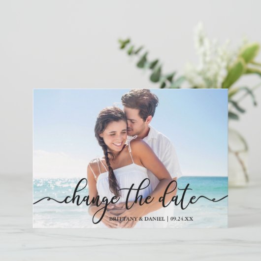 Elegant Calligraphy New Date Change the Date Card Save The Date (Staand voorkant)