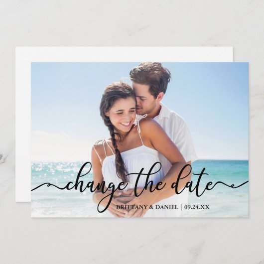 Elegant Calligraphy New Date Change the Date Card Save The Date (Voorkant / Achterkant)