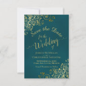 Elegant Calligraphy Ornate Teal and Gold Wedding Save The Date (Voorkant)