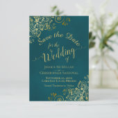 Elegant Calligraphy Ornate Teal and Gold Wedding Save The Date (Staand voorkant)