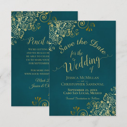 Elegant Calligraphy Ornate Teal and Gold Wedding Save The Date (Voorkant / Achterkant)