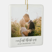 Elegant calligraphy Our First Christmas foto Keramisch Ornament (Rechts)