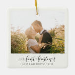 Elegant calligraphy Our First Christmas foto Keramisch Ornament<br><div class="desc">An elegant calligraphy and heeft een modern design for this foto ornaments gift. To customize met de favoriete koppel picture. You can also easily change the color of the font to your liking. Perfect to celebrate your First Christmas as newlyweds or as a koppel.</div>