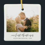 Elegant calligraphy Our First Christmas foto Keramisch Ornament<br><div class="desc">An elegant calligraphy and heeft een modern design for this foto ornaments gift. To customize met de favoriete koppel picture. You can also easily change the color of the font to your liking. Perfect to celebrate your First Christmas as newlyweds or as a koppel.</div>