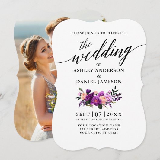 Elegant Calligraphy Paars Floral Photo Wedding Kaart (Voorkant / Achterkant)