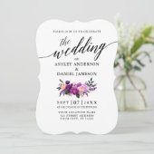 Elegant Calligraphy Paars Floral Photo Wedding Kaart (Staand voorkant)
