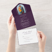 Elegant Calligraphy Paars Foto RSVP Wedding All In One Uitnodiging (Afscheurbaar)