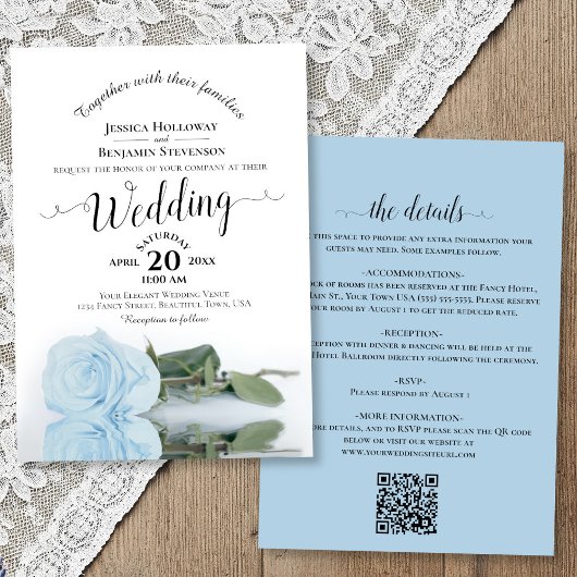 Elegant Calligraphy Pale Blue Rose QR Code Wedding Kaart