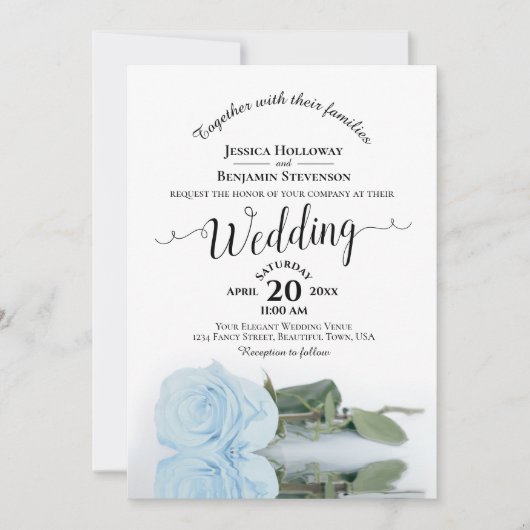 Elegant Calligraphy Pale Blue Rose QR Code Wedding Kaart (Voorkant)