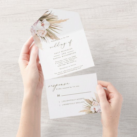 Elegant Calligraphy Pampas Grass Wedding All In One Uitnodiging (Afscheurbaar)