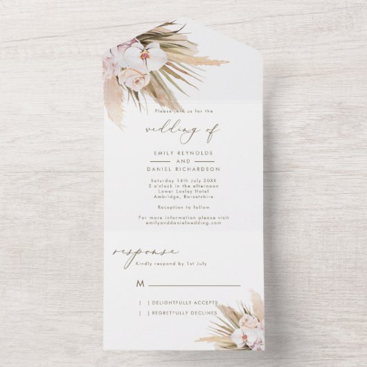 Elegant Calligraphy Pampas Grass Wedding All In One Uitnodiging (Binnen)