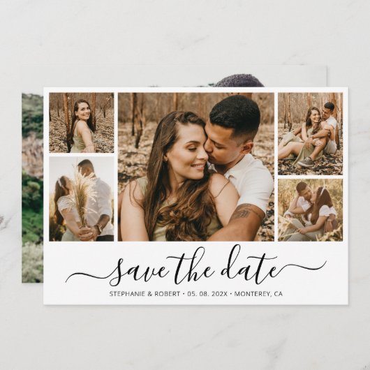 Elegant Calligraphy Photo Collage Save the Date (Voorkant / Achterkant)