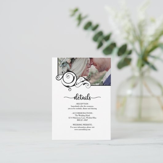 Elegant Calligraphy Photo Details Wedding Informatiekaartje (Staand voorkant)