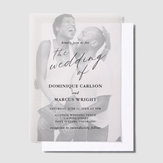 Elegant Calligraphy Photo Modern Wedding Vellum Uitnodigingen (Offset)