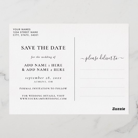 Elegant Calligraphy Photo Save the Date Gold Folie Uitnodiging Briefkaart (Achterkant)