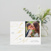 Elegant Calligraphy Photo Save the Date Gold Folie Uitnodiging Briefkaart (Staand Voorkant)