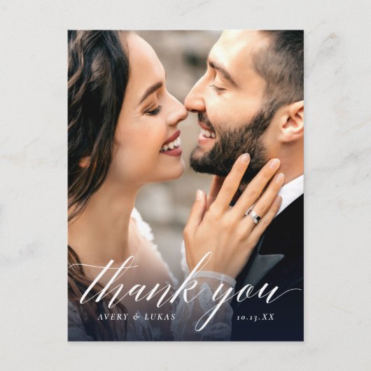 Elegant Calligraphy Photo Weddenschap Bedankt Briefkaart (Voorkant)