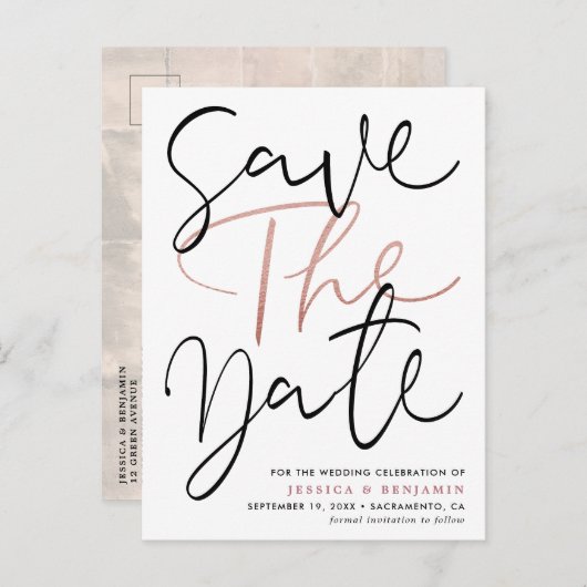 Elegant Calligraphy Photo Wedding Save the Date Aankondigingskaart (Voorkant / Achterkant)