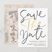 Elegant Calligraphy Photo Wedding Save the Date Aankondigingskaart (Voorkant / Achterkant)